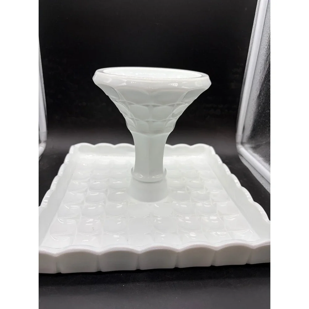 Vintage Milk Glass Square Cake Stand Scalloped Edge Pedestal Dessert Display 10